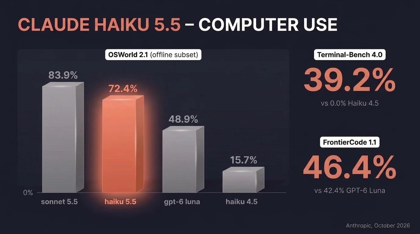 Claude Haiku 5.5 OSWorld 2.1 benchmark chart: 72.4% vs Claude Haiku 4.5 at 15.7%, GPT-6 Luna at 48.9% and Claude Sonnet 5.5 at 83.9%