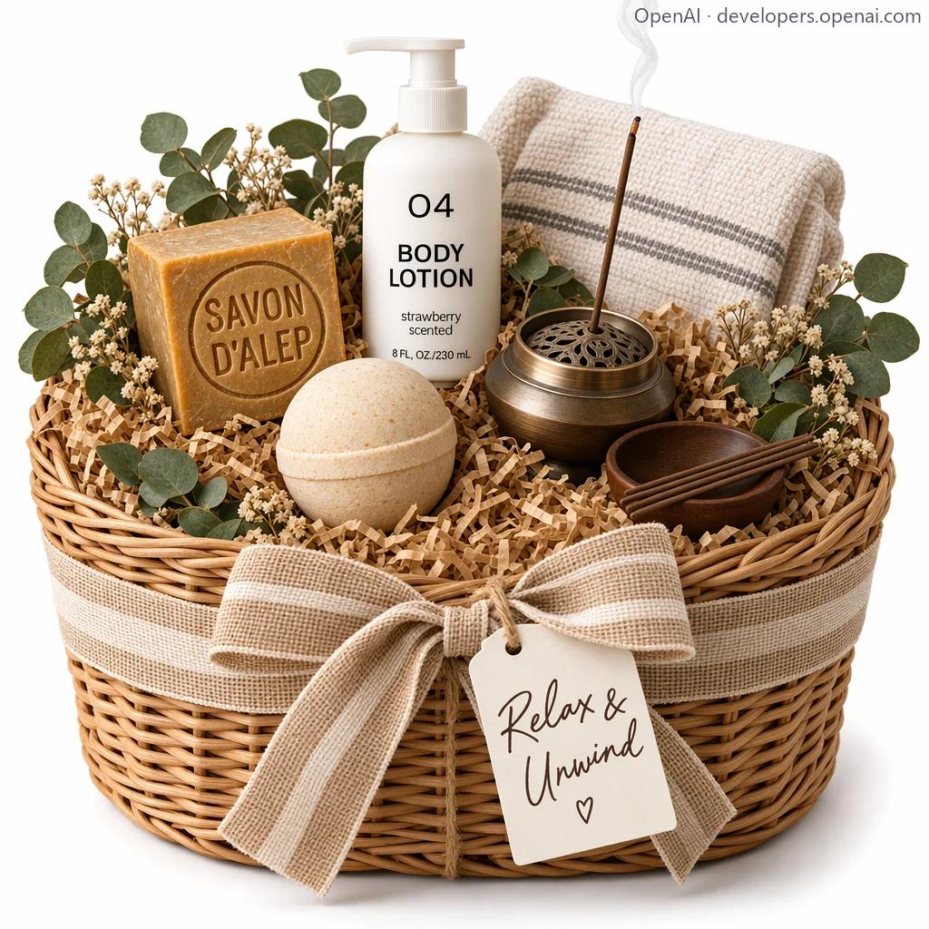 GPT Image 2.5 composing four reference product images into one photorealistic Relax and Unwind gift basket