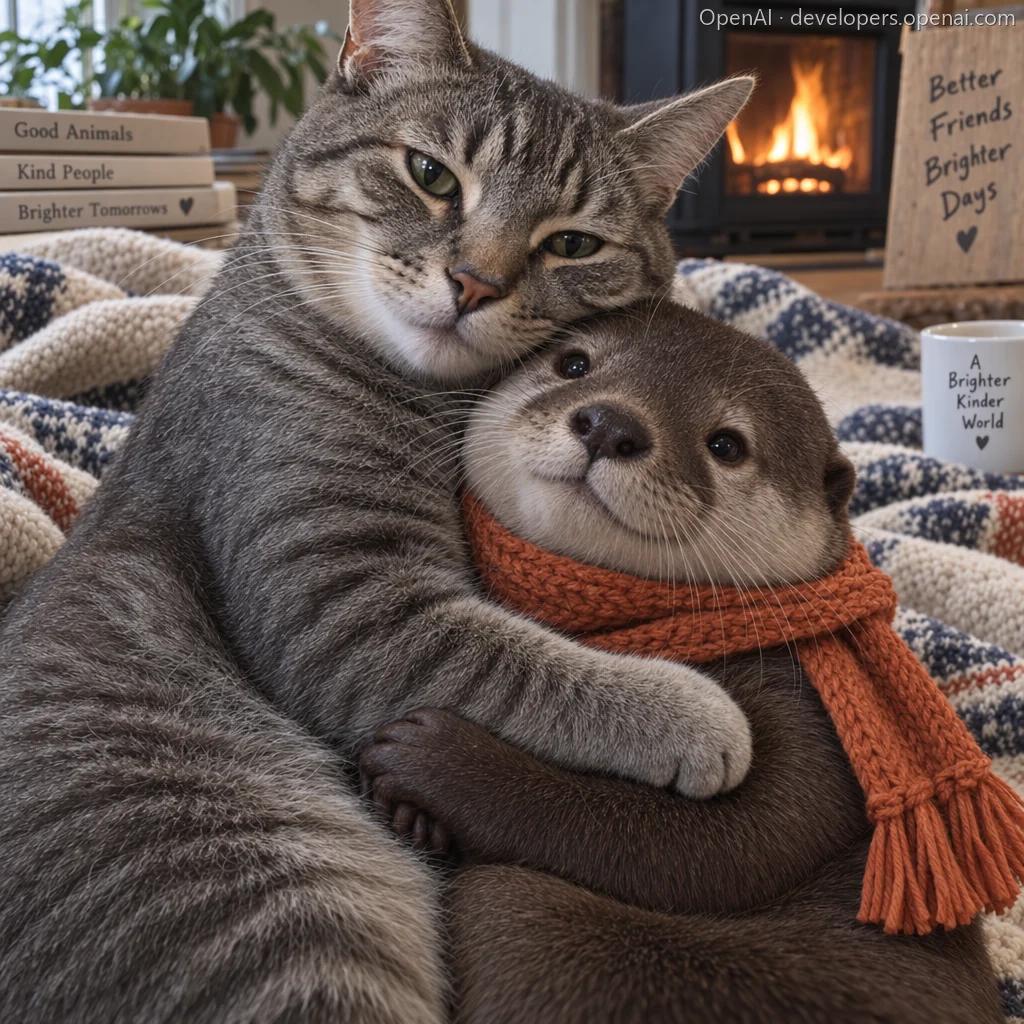 GPT Image 2.5 Sunburst multi-turn edit turning an illustrated cat hugging an otter into a photorealistic version with the same pose and composition