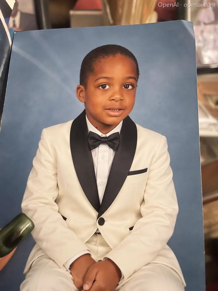 GPT Image 2.5 reference photo edit changing a child portrait to an ivory tuxedo while keeping the face, pose, and blue background