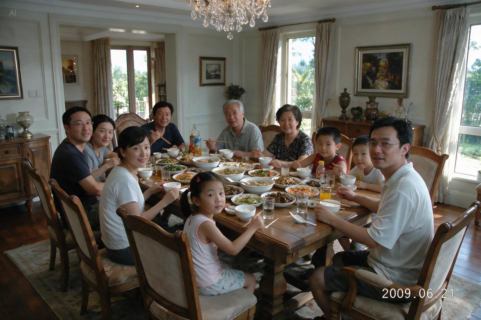 Family of eleven at dinner with 2009.06.21 timestamp generated by SeeDream 5.0 Pro