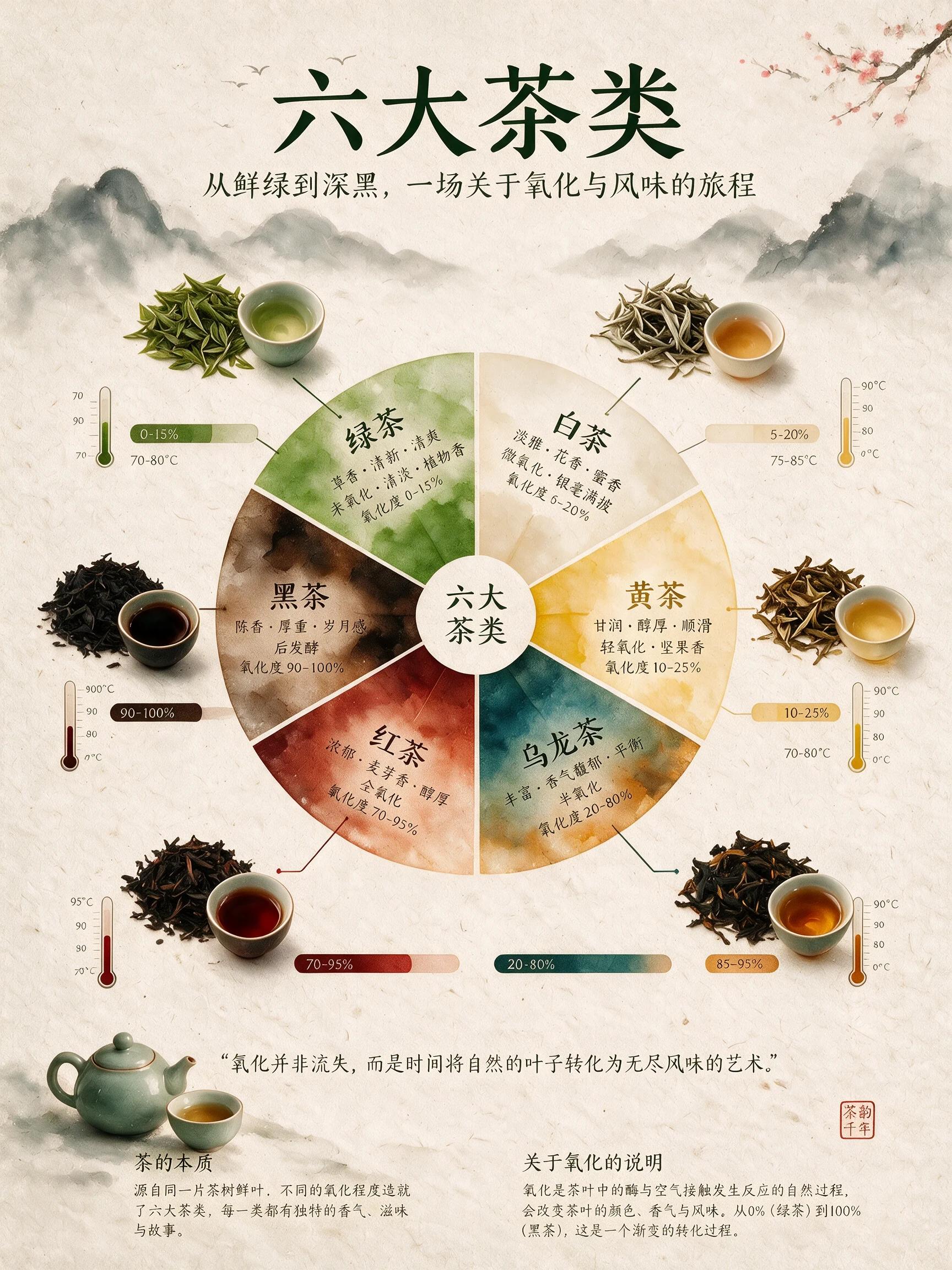 Six major tea types infographic with watercolor flavor wheel generated by SeeDream 5.0 Pro