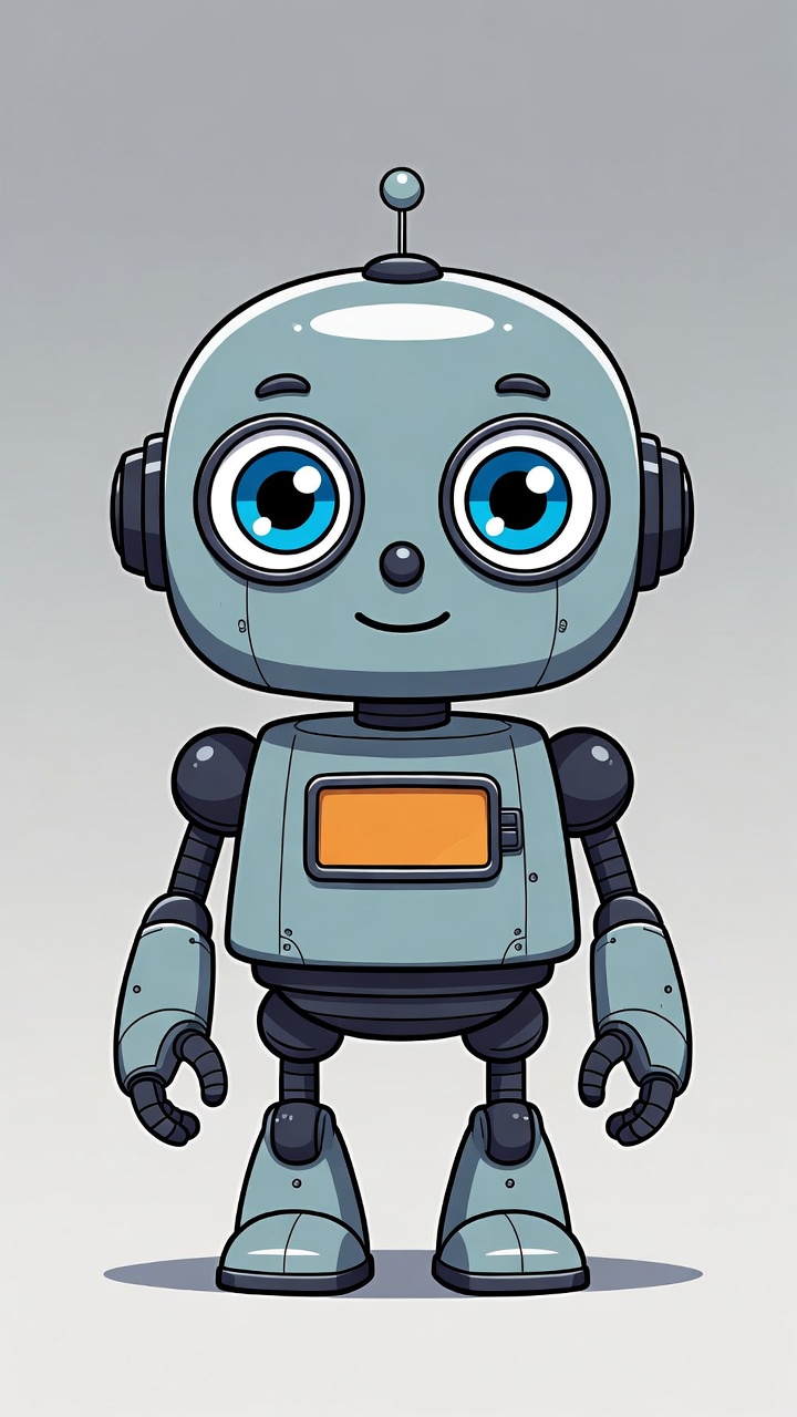 Character reference image used for the Kling Motion Control test: a cartoon robot with a round head, blue eyes and an orange chest panel, standing facing the camera